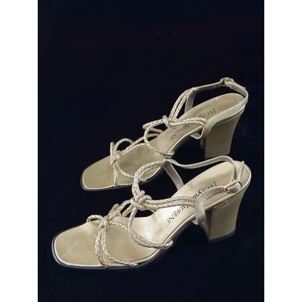 Yves Saint Laurent Braided Leather Gold Chunky Heel Open Toe Sandal 7.5 - Picture 3 of 11
